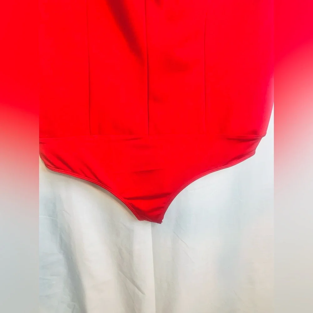 Express Fitted Ponte Sweetheart Neckline Off The Shoulder Red Bodysuit. SKU 139 - Picture 5 of 11